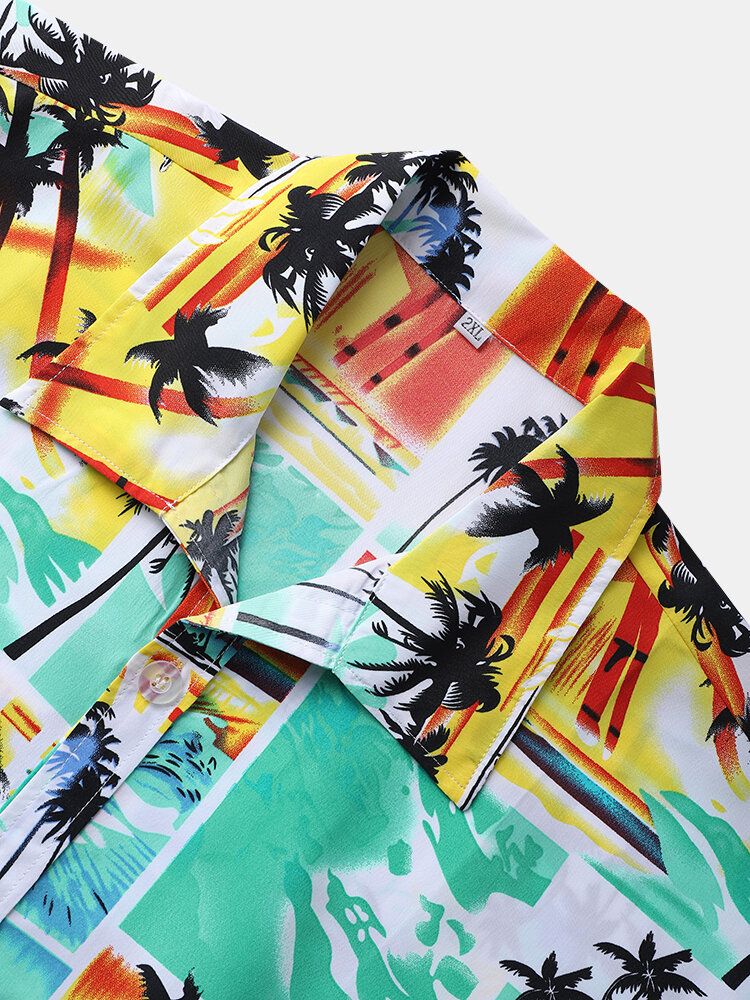 Tropical Scenery Print Lapel Holiday Kortärmade Skjortor För Män