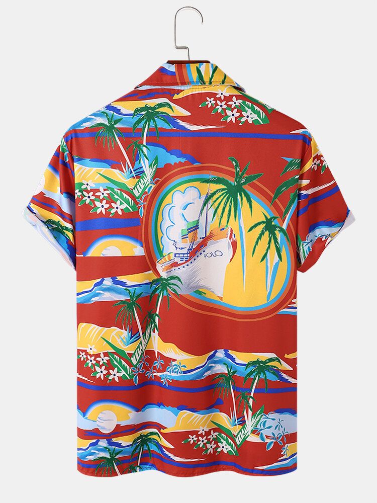 Tropical Scenery Print Revere Collar Holiday Kortärmade Skjortor För Män