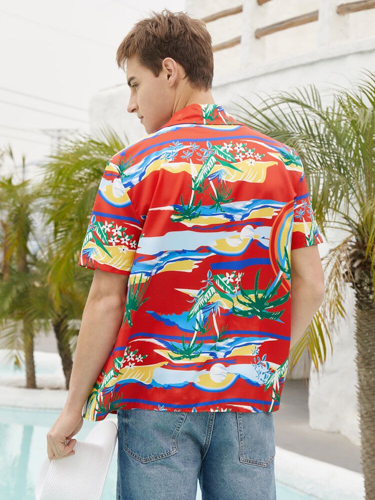 Tropical Scenery Print Revere Collar Holiday Kortärmade Skjortor För Män