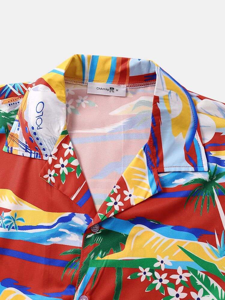 Tropical Scenery Print Revere Collar Holiday Kortärmade Skjortor För Män