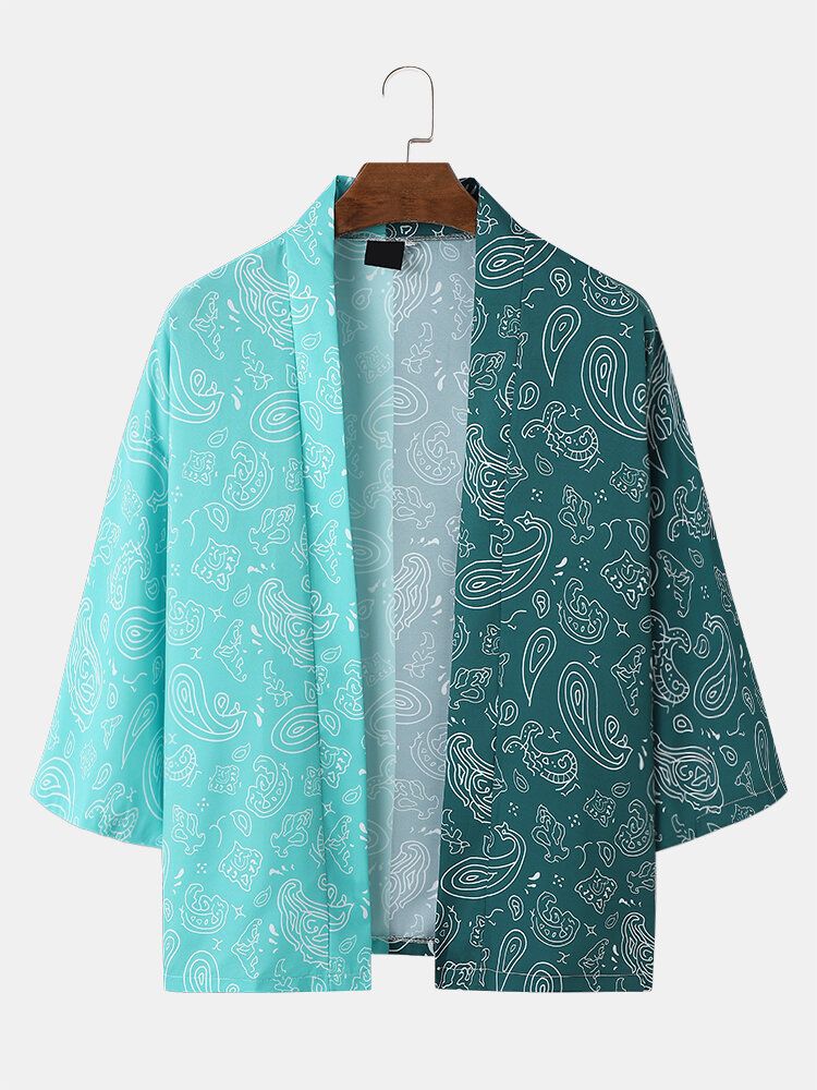 Tvåfärgade Paisleytryck För Män Öppen Framsida Lös Kimono