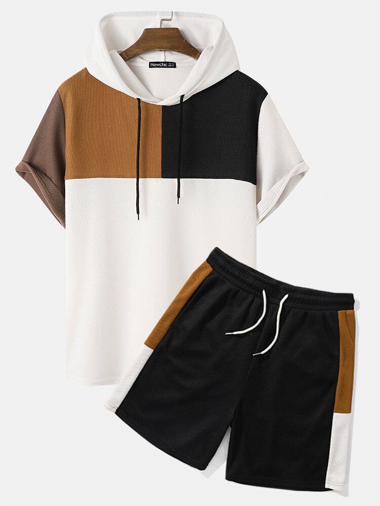 Våffelstickad Huva För Herrar Color Block Patchwork Skjortor Shorts Tvådelade Outfits