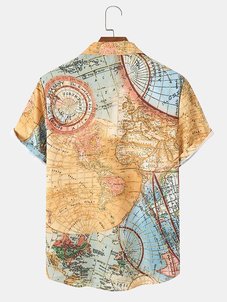 Vintage World Map Print Button Up Kortärmade Skjortor För Män