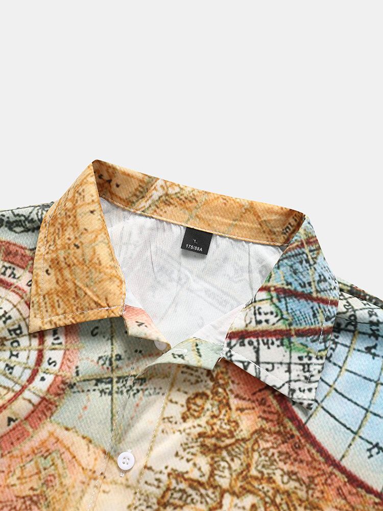 Vintage World Map Print Button Up Kortärmade Skjortor För Män