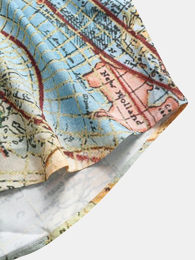 Vintage World Map Print Button Up Kortärmade Skjortor För Män