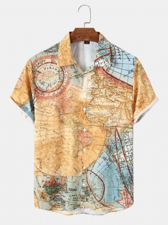 Vintage World Map Print Button Up Kortärmade Skjortor För Män