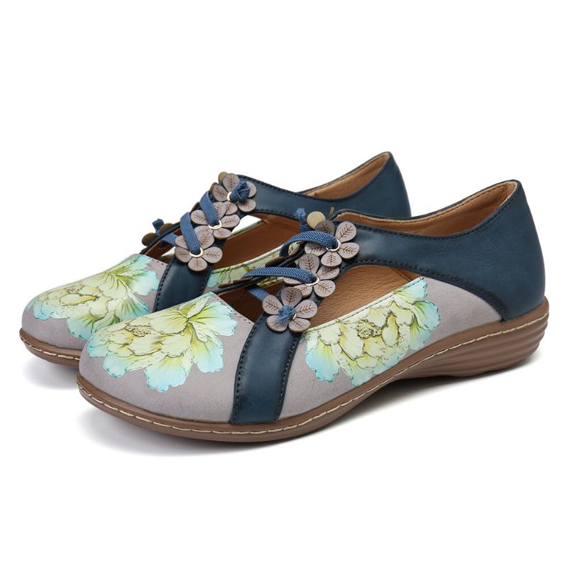 Blommönster Elastiskt Band Rund Tå Splicing Retro Casual Flats