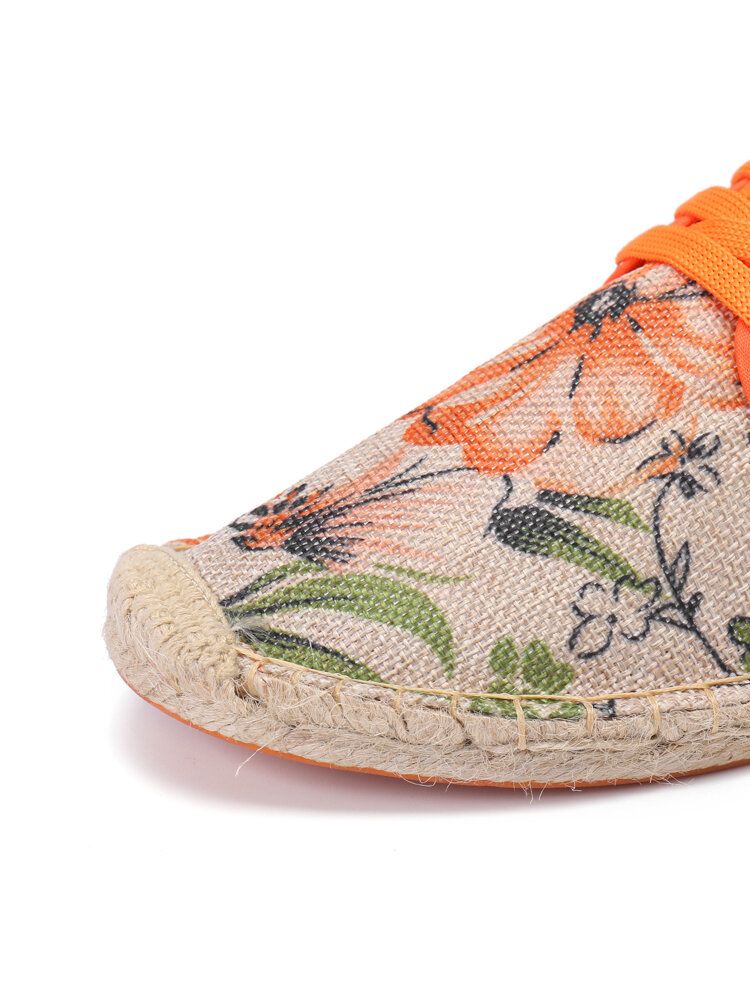 Blommönstertryckt Linnetyg Bekväm Ventilerande Bärbar Snörning Casual Espadrille-skor