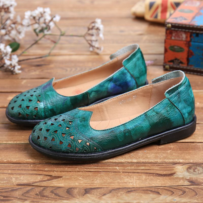 Bohemian Leather Hollow Tie-dyed Soft Casual Slip On Loafers Platta Skor