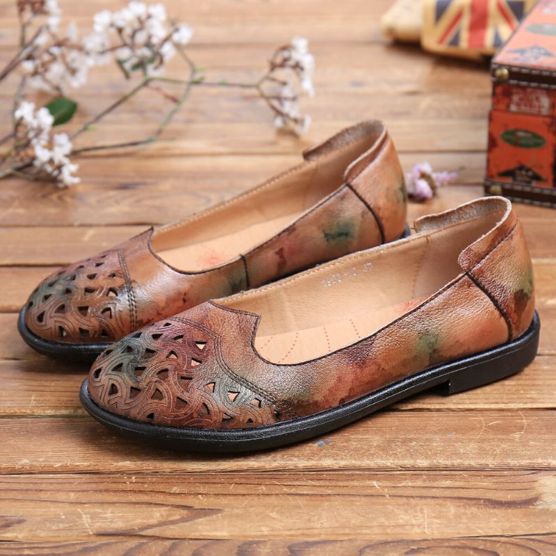 Bohemian Leather Hollow Tie-dyed Soft Casual Slip On Loafers Platta Skor