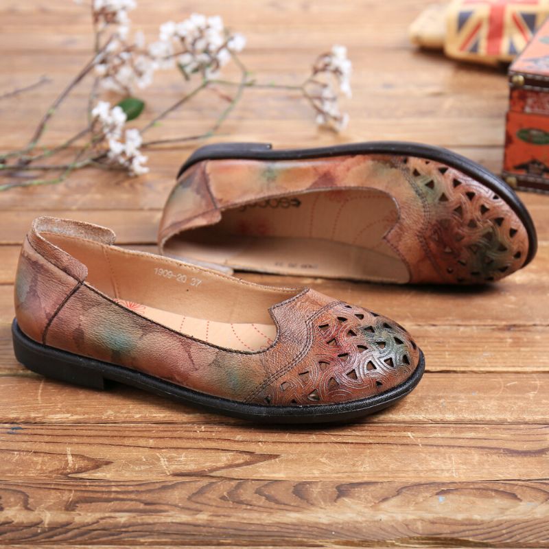 Bohemian Leather Hollow Tie-dyed Soft Casual Slip On Loafers Platta Skor