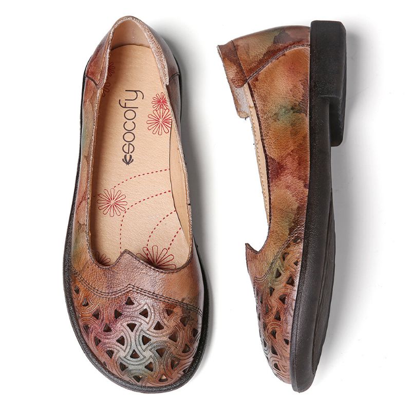 Bohemian Leather Hollow Tie-dyed Soft Casual Slip On Loafers Platta Skor