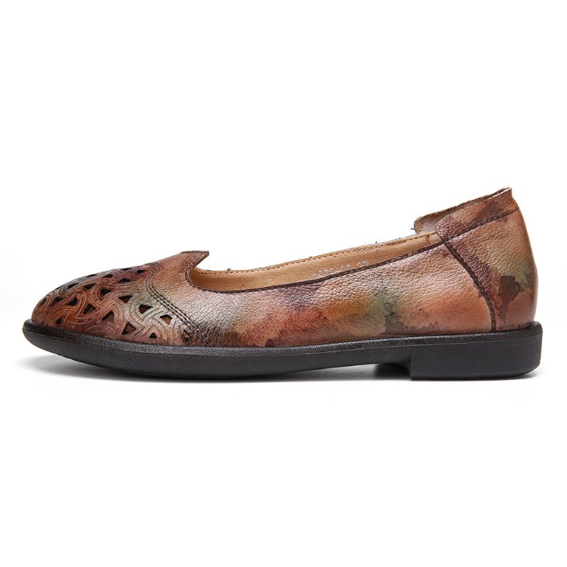 Bohemian Leather Hollow Tie-dyed Soft Casual Slip On Loafers Platta Skor