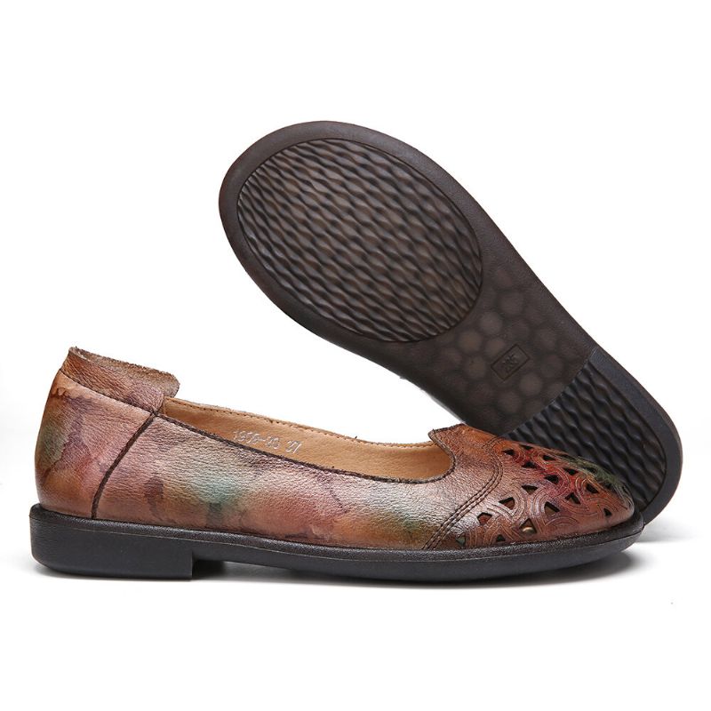 Bohemian Leather Hollow Tie-dyed Soft Casual Slip On Loafers Platta Skor