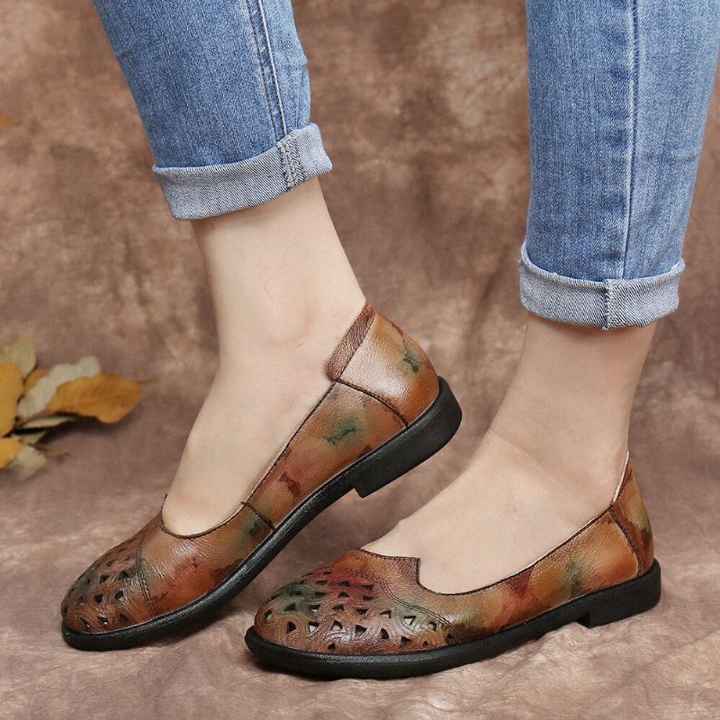 Bohemian Leather Hollow Tie-dyed Soft Casual Slip On Loafers Platta Skor