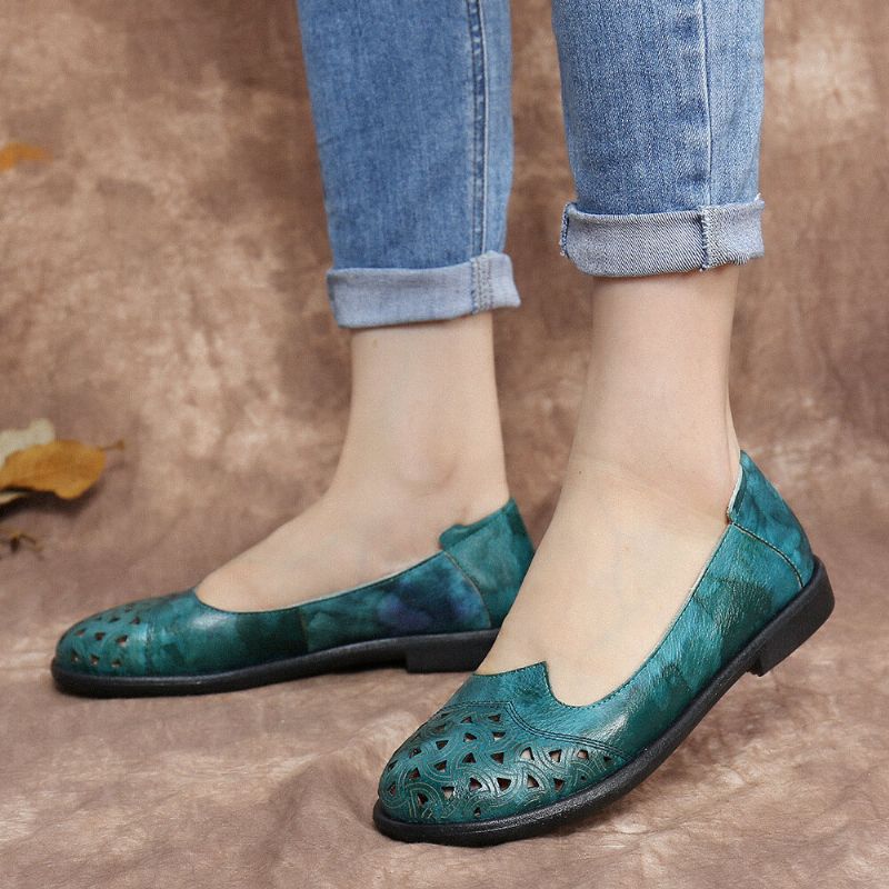 Bohemian Leather Hollow Tie-dyed Soft Casual Slip On Loafers Platta Skor