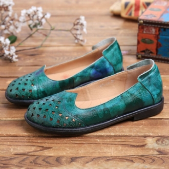 Bohemian Leather Hollow Tie-dyed Soft Casual Slip On Loafers Platta Skor