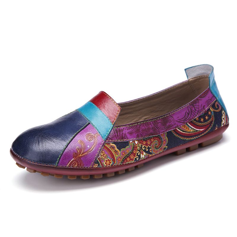 Bohemian Mjukt Läder Blommig Skarvning Bekväm Casual Slip On Loafers Platta Skor