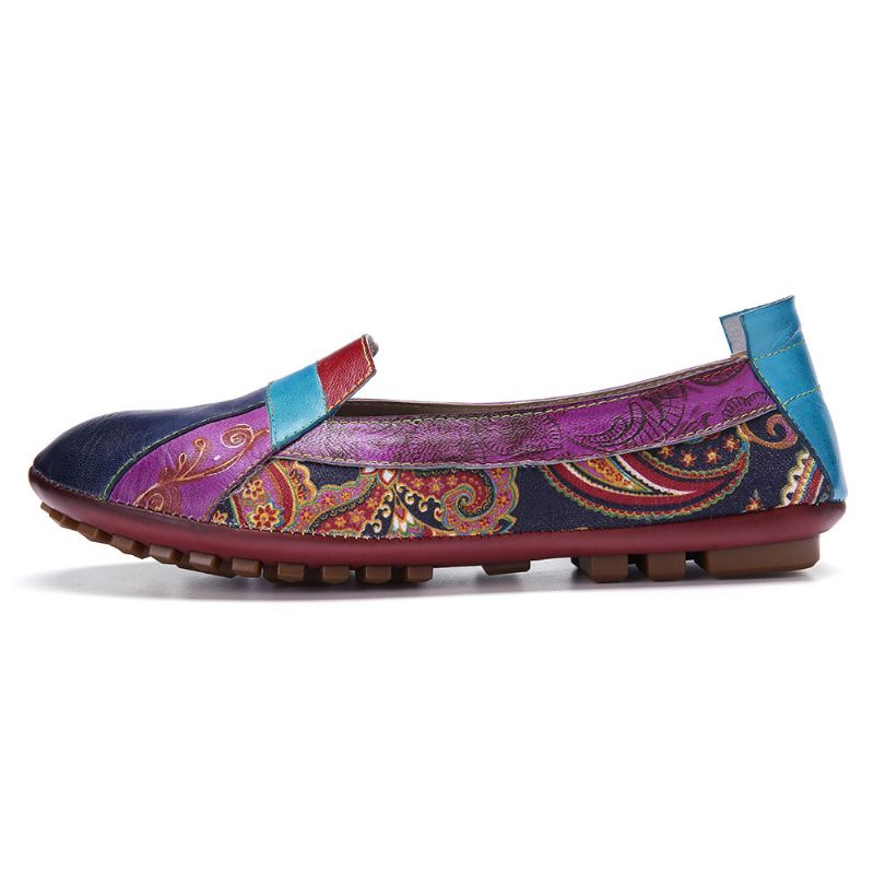 Bohemian Mjukt Läder Blommig Skarvning Bekväm Casual Slip On Loafers Platta Skor