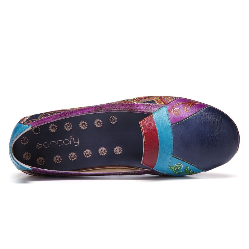 Bohemian Mjukt Läder Blommig Skarvning Bekväm Casual Slip On Loafers Platta Skor