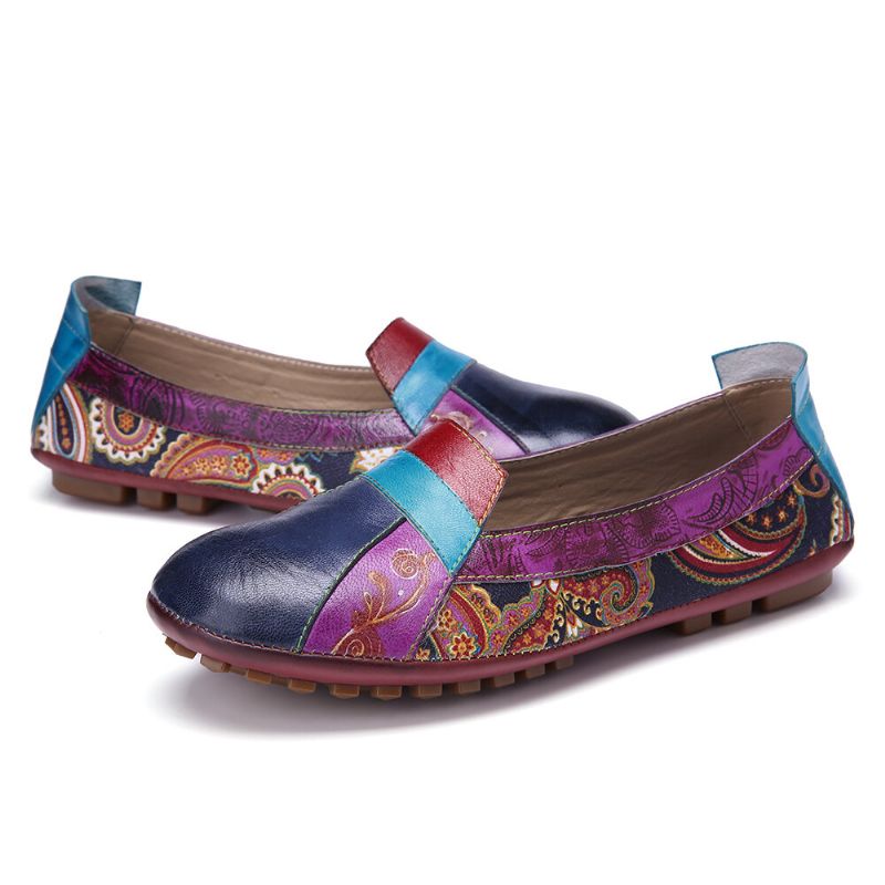 Bohemian Mjukt Läder Blommig Skarvning Bekväm Casual Slip On Loafers Platta Skor