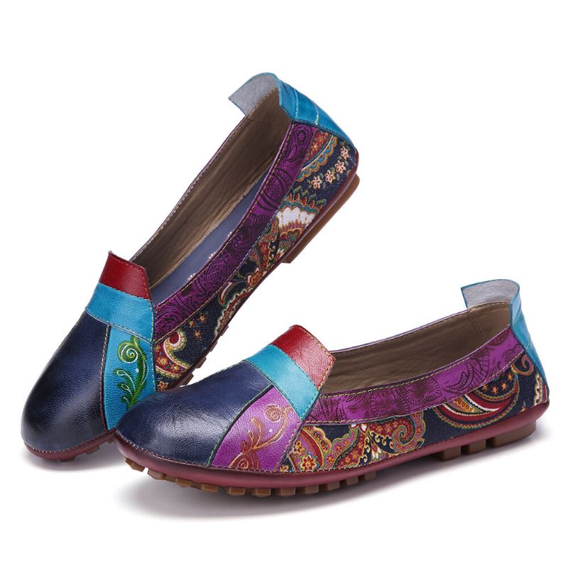 Bohemian Mjukt Läder Blommig Skarvning Bekväm Casual Slip On Loafers Platta Skor