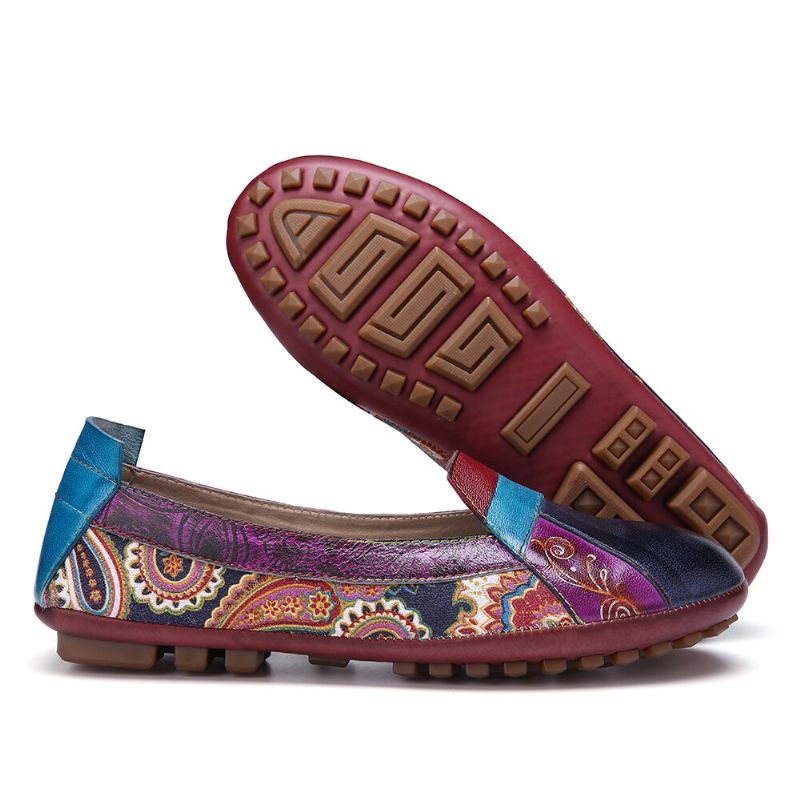 Bohemian Mjukt Läder Blommig Skarvning Bekväm Casual Slip On Loafers Platta Skor