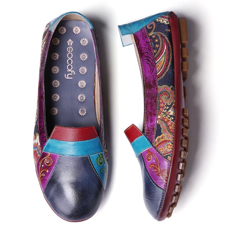 Bohemian Mjukt Läder Blommig Skarvning Bekväm Casual Slip On Loafers Platta Skor