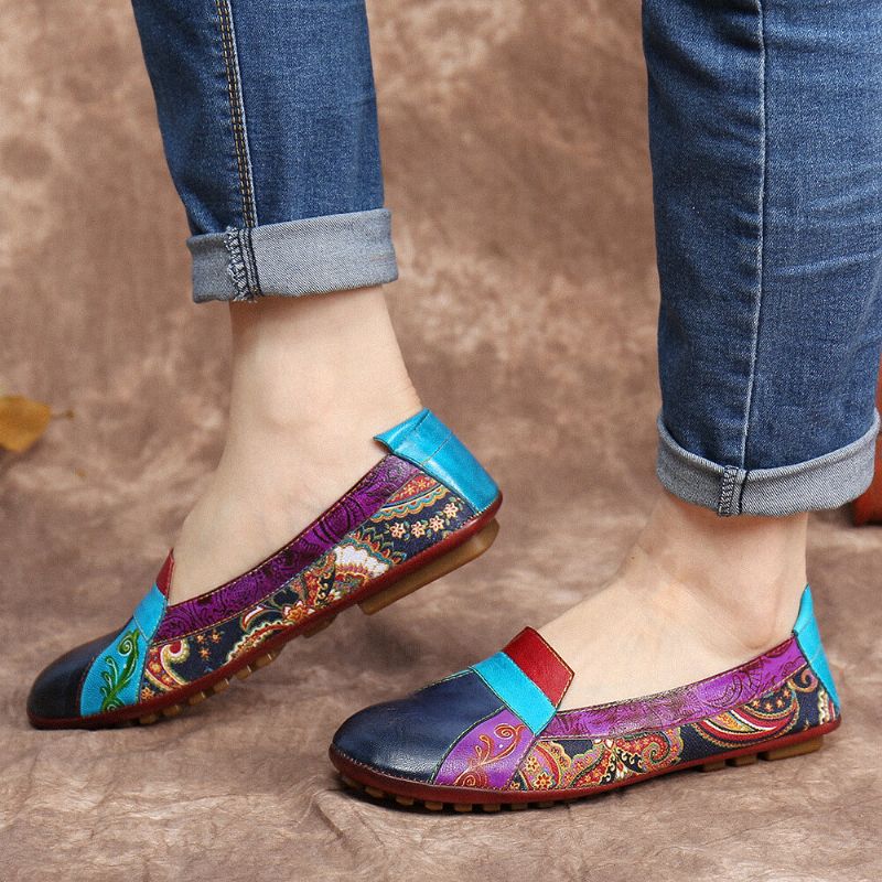 Bohemian Mjukt Läder Blommig Skarvning Bekväm Casual Slip On Loafers Platta Skor