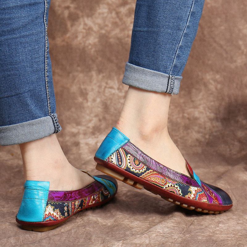 Bohemian Mjukt Läder Blommig Skarvning Bekväm Casual Slip On Loafers Platta Skor