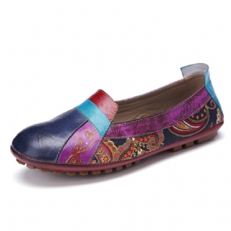 Bohemian Mjukt Läder Blommig Skarvning Bekväm Casual Slip On Loafers Platta Skor