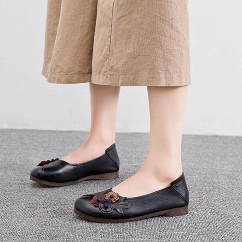 Dam Vintage Blommig Rund Tå Äkta Läder Mjuk Sula Slip On Comfy Flats