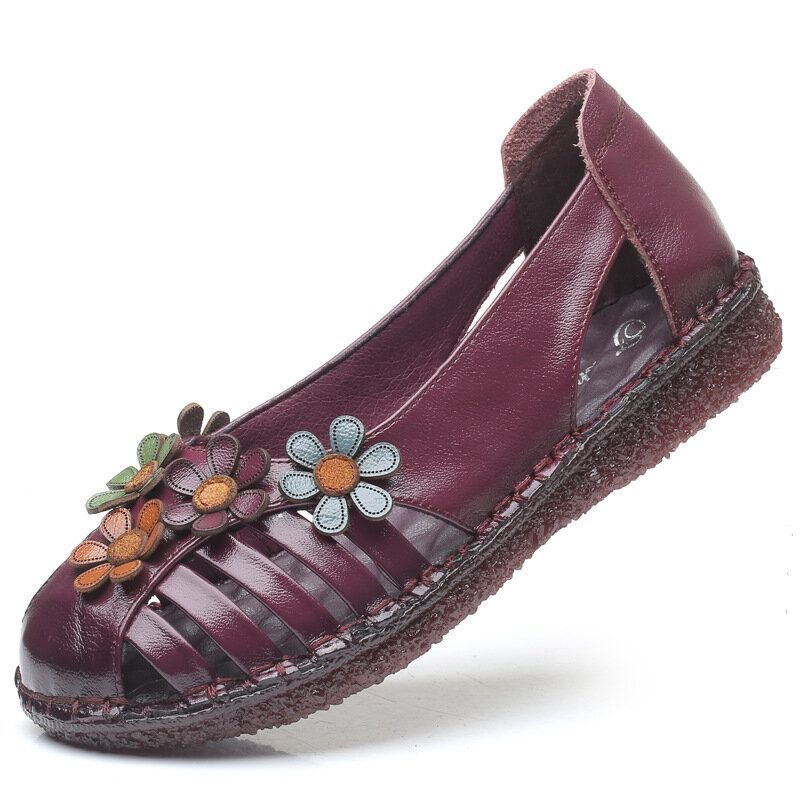 Kvinnor Äkta Läder Andas Blomsterdekoration Retro Slip On Soft Flats