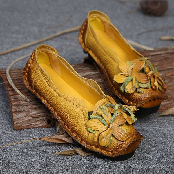 Kvinnor Äkta Läder Handgjorda Dekoration Blommor Vintage Slip On Flats Loafers