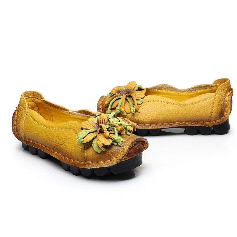 Kvinnor Äkta Läder Handgjorda Dekoration Blommor Vintage Slip On Flats Loafers