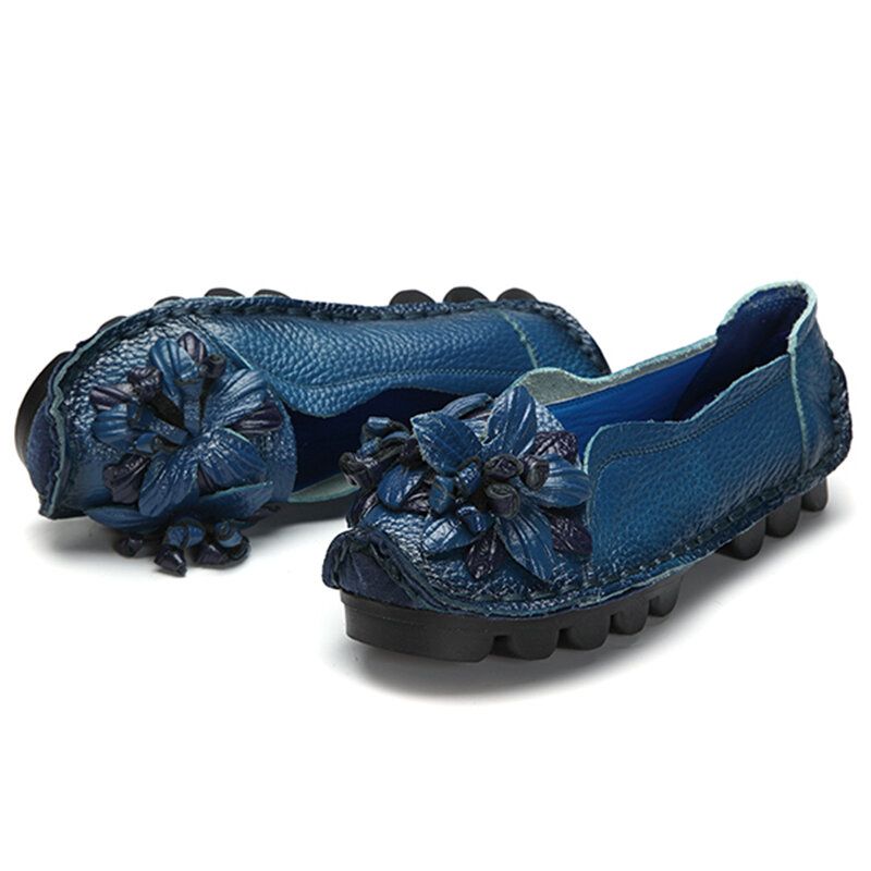 Kvinnor Äkta Läder Handgjorda Dekoration Blommor Vintage Slip On Flats Loafers