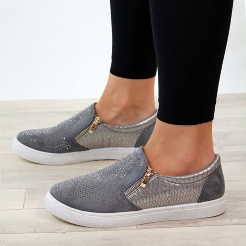 Kvinnor Dubbelstorlek Dragkedja Strassdekor Bekväm Halkfri Casual Flats