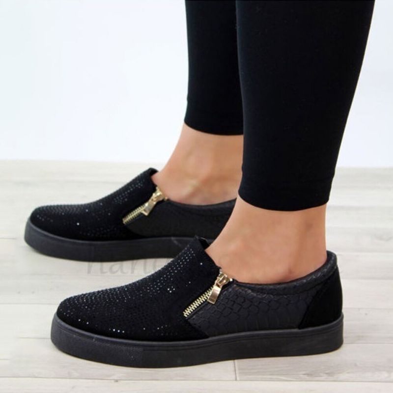 Kvinnor Dubbelstorlek Dragkedja Strassdekor Bekväm Halkfri Casual Flats