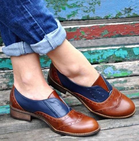 Kvinnor Färg Splitsning Fyrkantig Häl Rund Tå Brogue Oxfords Casual Flats Loafers