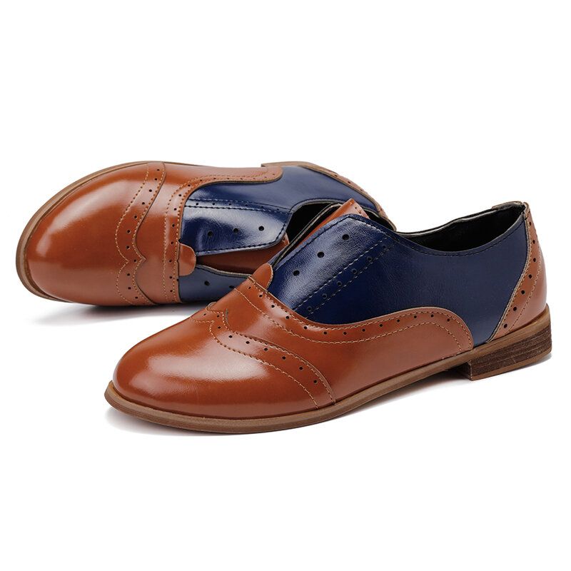 Kvinnor Färg Splitsning Fyrkantig Häl Rund Tå Brogue Oxfords Casual Flats Loafers