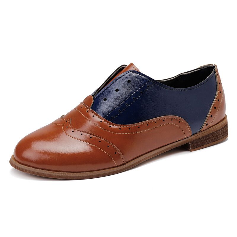 Kvinnor Färg Splitsning Fyrkantig Häl Rund Tå Brogue Oxfords Casual Flats Loafers