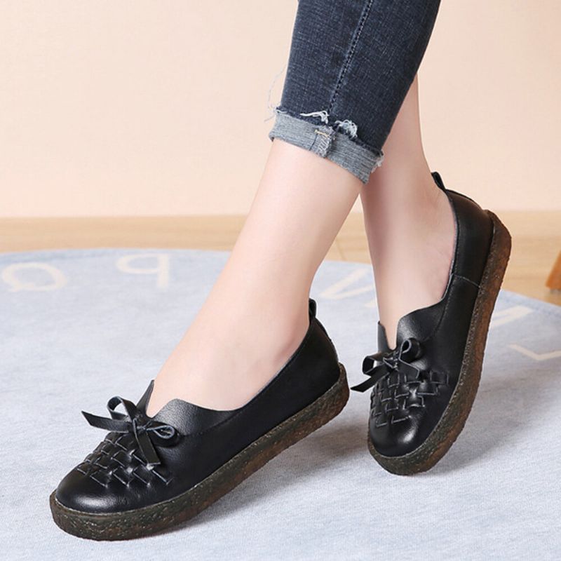 Läder Slip On Damer Enfärgad Vävd Bowknot Asakuchi Flats Loafers Skor