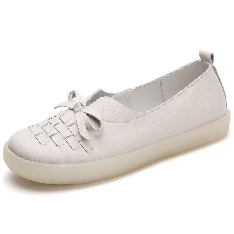 Läder Slip On Damer Enfärgad Vävd Bowknot Asakuchi Flats Loafers Skor