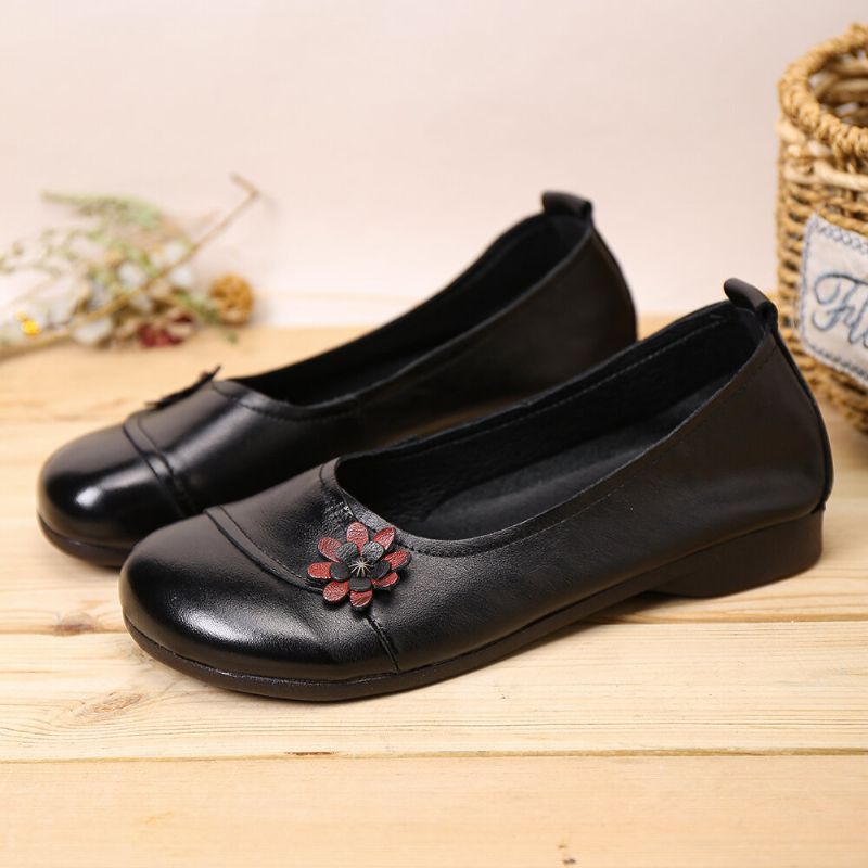 Läderblommor För Kvinnor Slip On Flats Loafers Skor