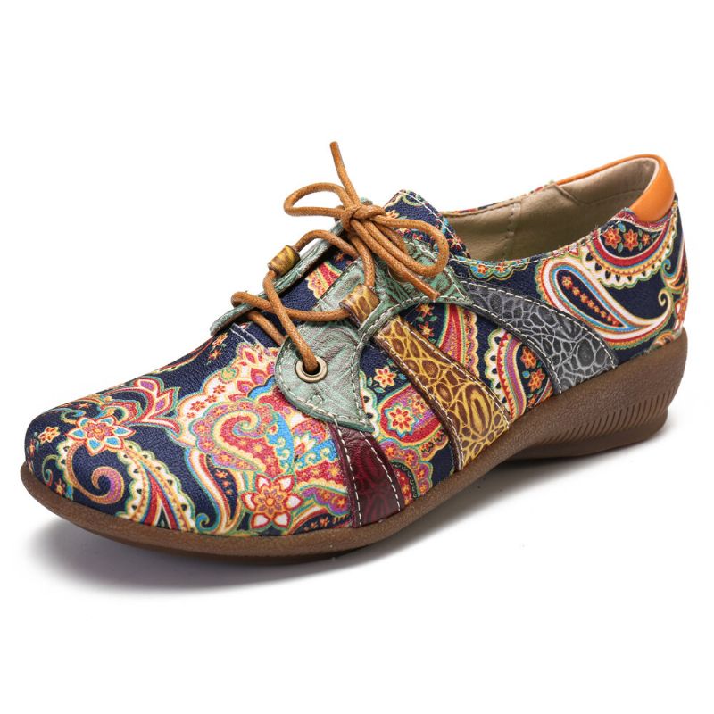 Paisley Retor Floral Splicing Folkways Style Rund Toe Snöra Platta Skor