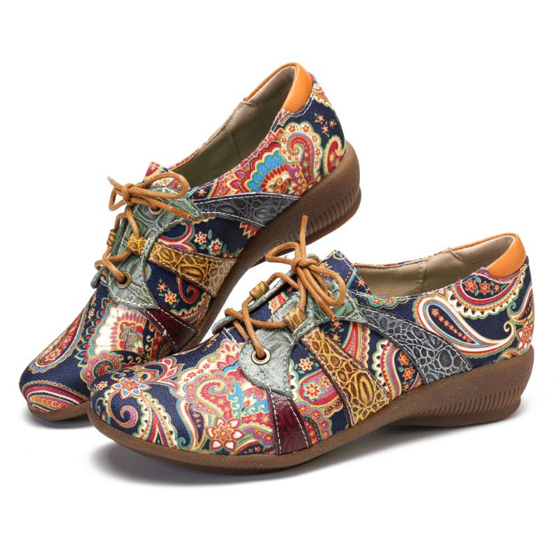 Paisley Retor Floral Splicing Folkways Style Rund Toe Snöra Platta Skor