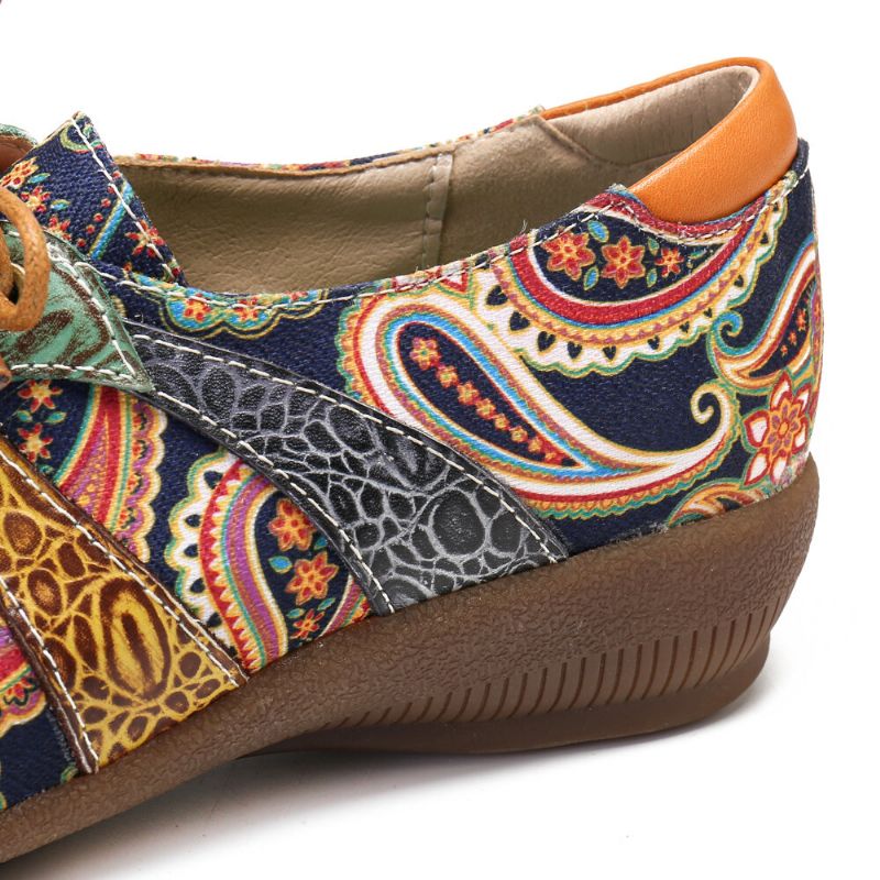 Paisley Retor Floral Splicing Folkways Style Rund Toe Snöra Platta Skor