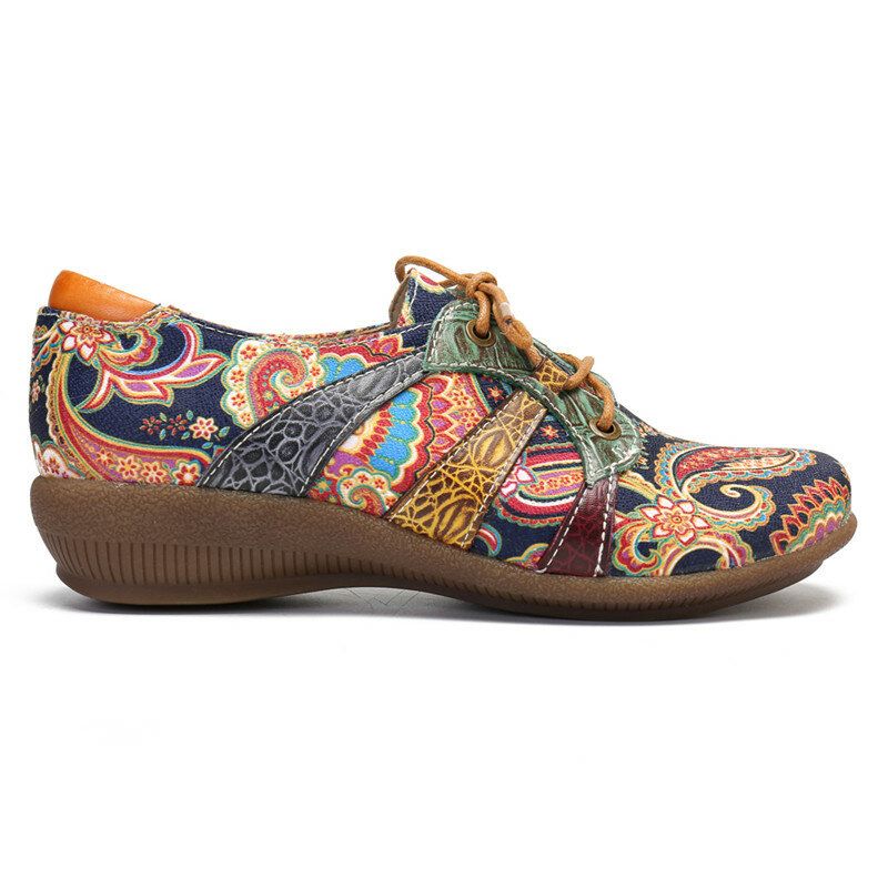 Paisley Retor Floral Splicing Folkways Style Rund Toe Snöra Platta Skor