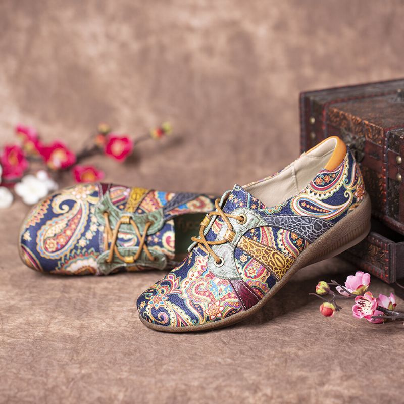 Paisley Retor Floral Splicing Folkways Style Rund Toe Snöra Platta Skor