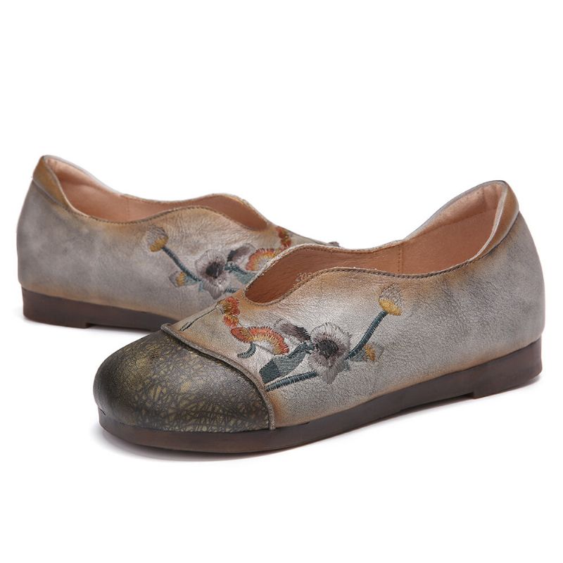 Retro Blommor Broderi Bekvämt Mjukt Läder Slip On Flat Shoes